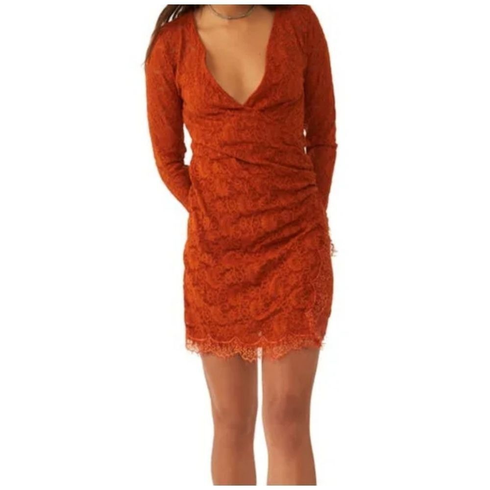 $148 NWT FREE PEOPLE Spanish Chestnut Lace Wrap‎ Stretchy Body-con Mini Dress XS